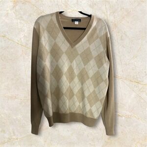 Vintage McGeorge Cashmere Sweater Beige Argyle Sweater Size Medium V-Neck